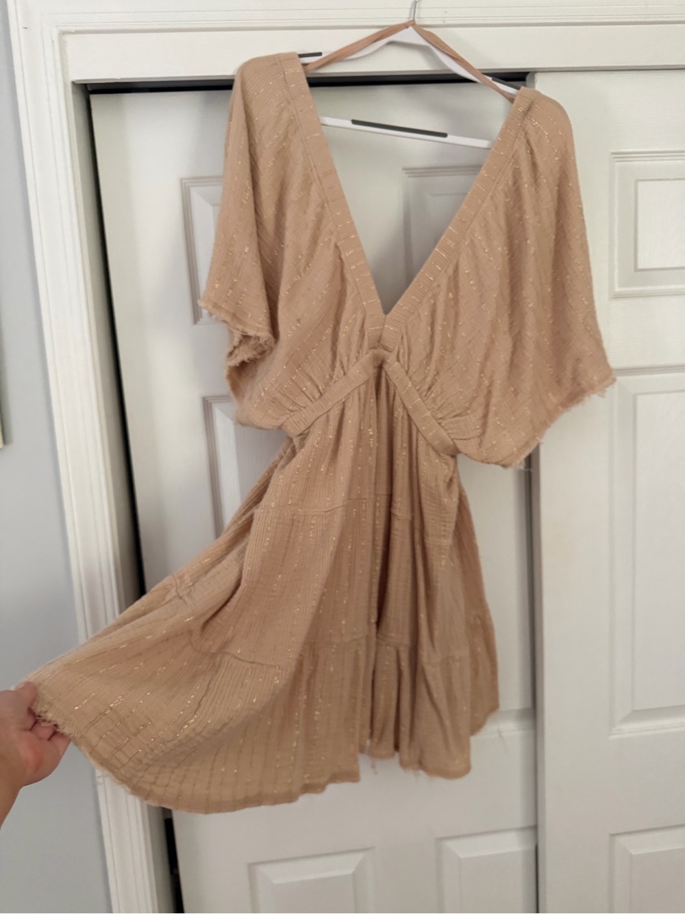 aerie Beige V-Neck Tiered Mini Dress with Metallic Thread